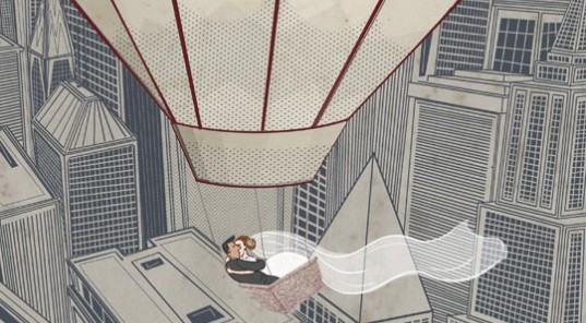 Stylised illustration of wedding couple in hot air balloon by Garry Parsons Stylised illustration of wedding couple in hot air balloon by Garry Parsons