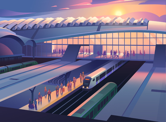 Illustrator Mark Boardmans illustration of a train station