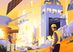 Illustrator Mark Boardman illustration of a solar power plantation