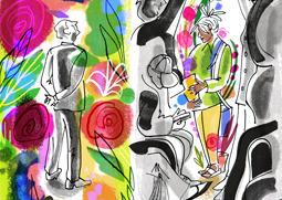 Illustrator Sarah Tanat-Jones illustration for RHS Chelsea Flower Show showcasing the Great Plant Sell-Off