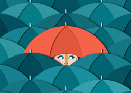 Illustrator Zara Picken's conceptual illustration of a red umbrella standing out from the crowd in her signature paper cut style.