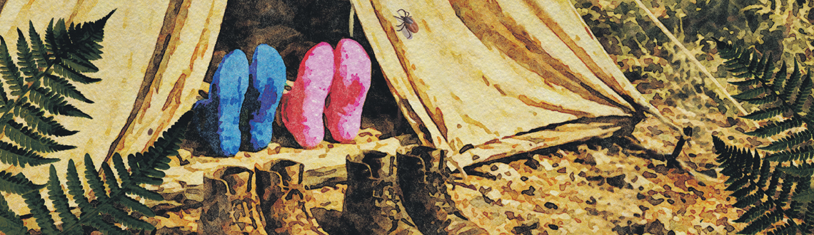 Pastiche illustrator Garry Walton's illustrations for The Observer, The New Review magazine of Geoff Dyer's camping trip