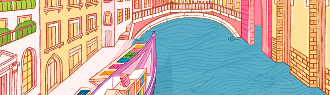 Lindsey Spinks illustrated book cover for The Floating Venice Book Shop