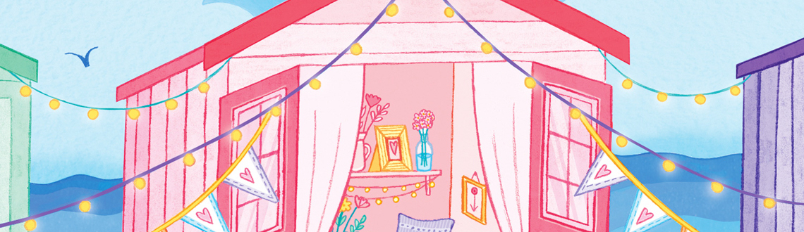Illustrator Lindsey Spinks front cover book cover illustration for The Cornish Beach Hut Wedding