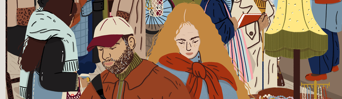 Illustrator Sophie Parsons illustration of a bustling market scene.