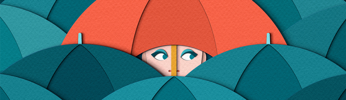 Zara Picken's paper cut style conceptual illustration of a girl looking out under an umbrella