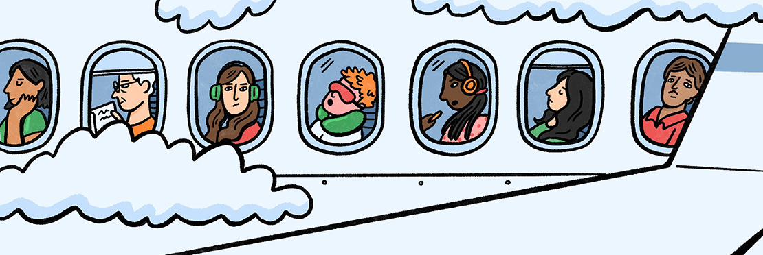 Tenley Tomlinson illustration of people in airoplane represented by Meiklejohn Illustration Agency