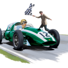 Pastiche illustrator Garry Walton illustrations for Goodwood Revival Programme