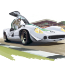 Pastiche illustrator Garry Walton illustrations for Goodwood Revival Programme
