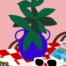 Illustrator Hello Marine's new illustrations featuring David Hockney book, sunglasses, vase and olives on a dining table.