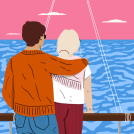 Illustrator Sophie Parsons illustration of a couple looking out to see on a yacht.