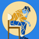 Zara Picken's paper cut style conceptual illustration of a broken man sat on a chair with his head in his hands