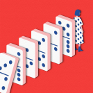 Zara Picken's paper cut style conceptual illustration of a girl standing with dominos.